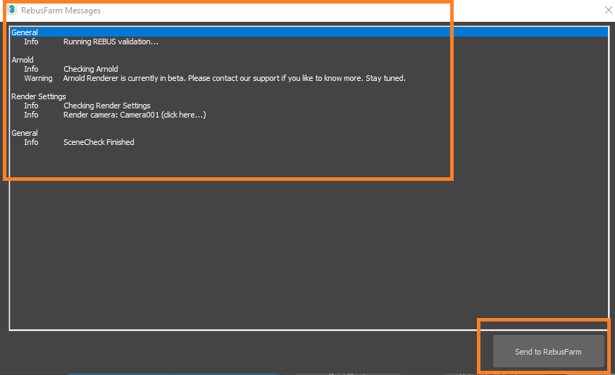 Rebus Render Farm messages window Rebus Render Farm messages window