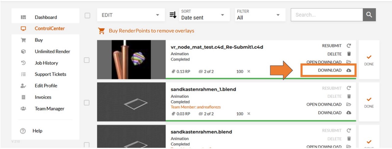Render Farm ControlCenter - Download button in the main overview