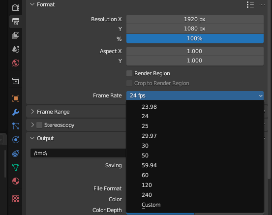 Blender frames rate per second options