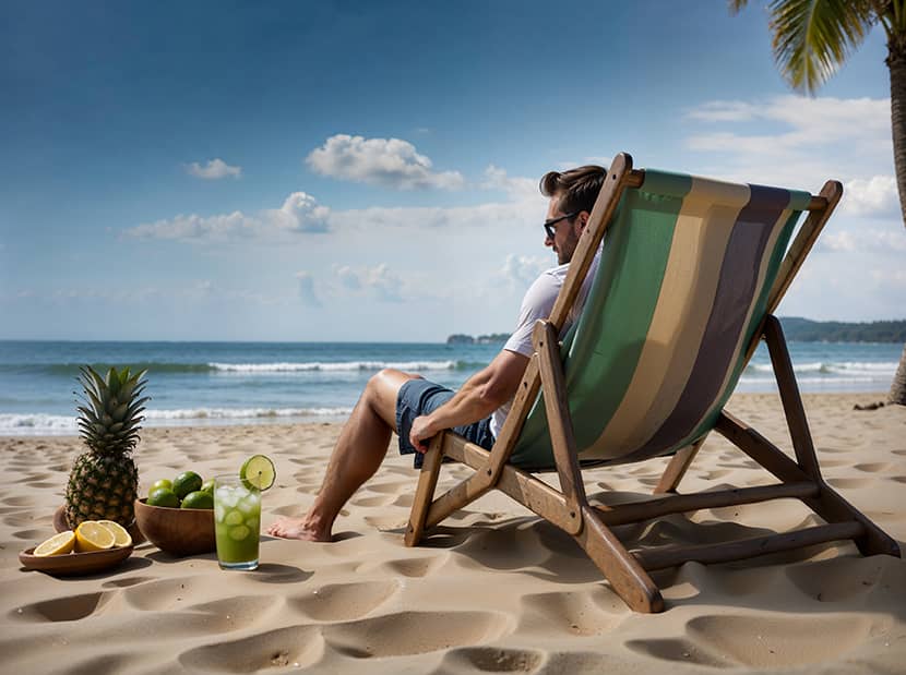 AI-generated image of a man sitting at the beach drinking mojitos