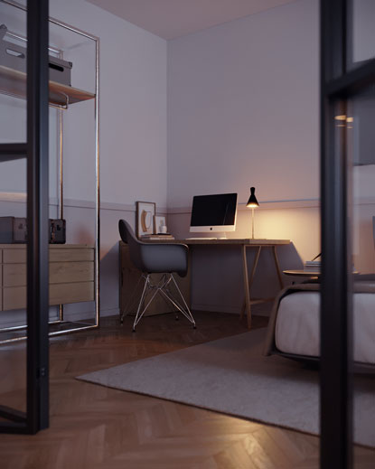 RebusFarm Making-of with Arnaldo Morales Desk in bedroom at night time