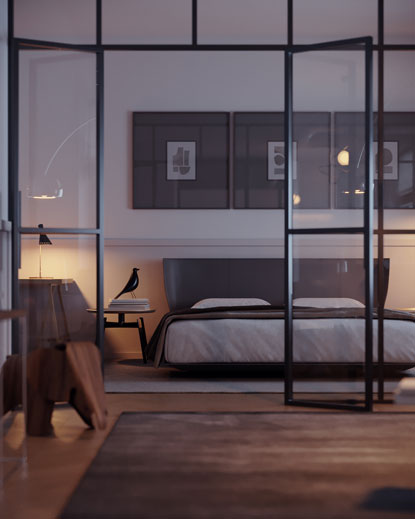 RebusFarm Making-of with Arnaldo Morales View into the bedroom at night time